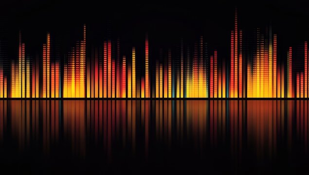 Abstract colorful audio waveform with reflection.