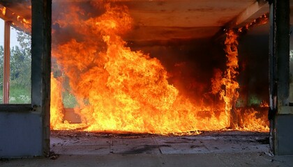 A gloomy scene of a fire breaking out in an abandoned building, flames spreading through the cracks in windows and doors