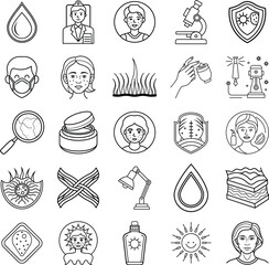 Skincare icons Dermatology, beauty, health, protection, treatment, cosmetic, face, wellness, sun, re