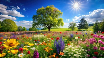 Obraz premium A blooming meadow with a vibrant mix of colorful flowers, trees, and lush greenery against a bright blue sky on a sunny spring day, sunshine, blue sky