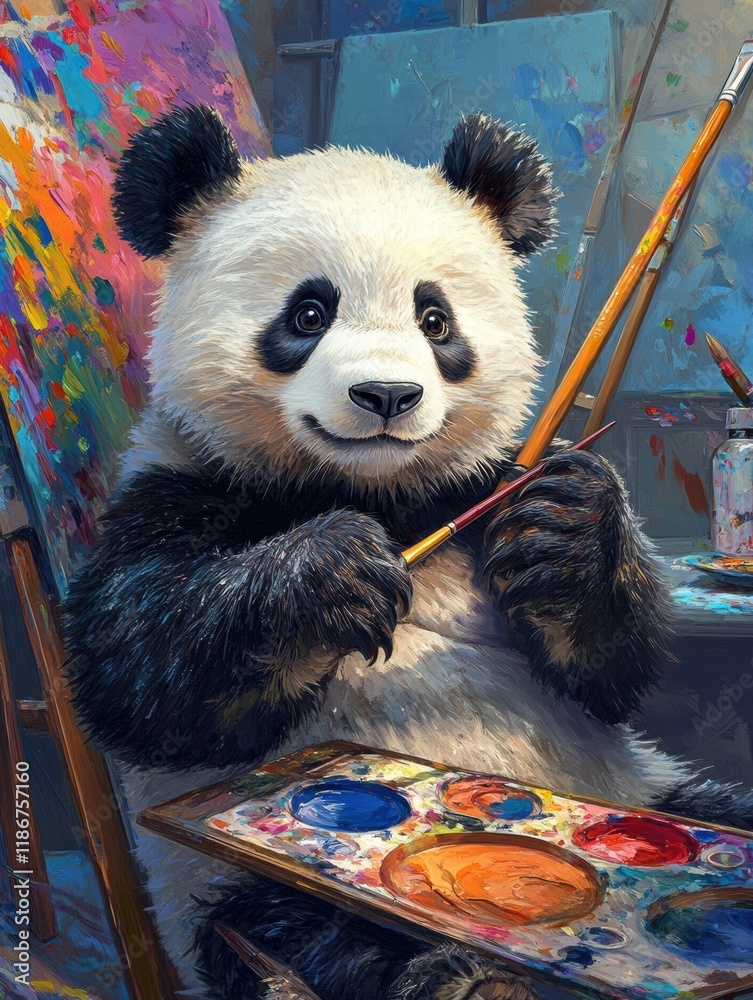 Aufkleber panda enjoys painting with a brush and colorful palette in a vibrant art studio filled with canvases
