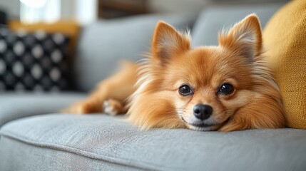 Cute Pomeranian dog relaxing on a grey sofa.