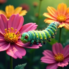 Naklejka premium Caterpillar crawling through colorful flowers, petal, garden