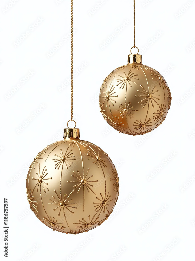 Poster baubles with golden design hang isolated on a white background with transparent png overlay for new 