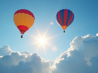 Fototapeta premium Balloons With Vibrant Colors Float Above A Brilliant Blue Sky As The Warm Sun Peeks Out From Behind Fluffy White Clouds. 00003