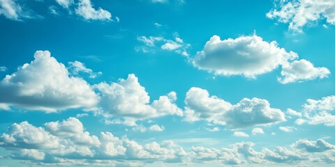 Vibrant blue sky featuring fluffy clouds creates an ideal background wallpaper, bringing a serene atmosphere. This beautiful blue sky with cloud pattern enhances any design project or setting.