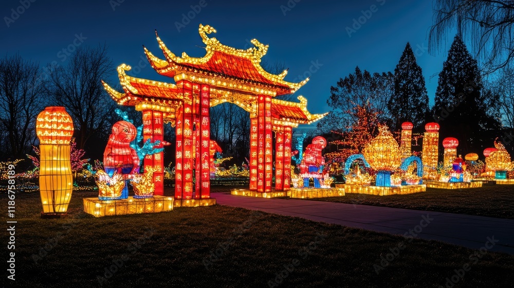 Poster beautiful illuminated chinese red lanterns shining brightly at night, creating a magical and festive