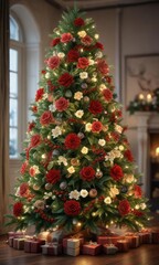A beautifully decorated Christmas tree with a garland made of flowers, flower,