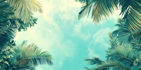 Background featuring palm trees against a vibrant sky. Lush green and blue leaves create a paradise atmosphere with palm trees, inviting relaxation and tranquility in nature s embrace.