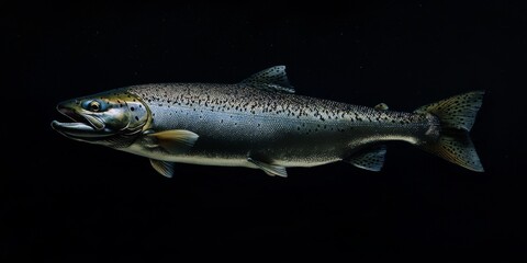 Obraz premium Atlantic salmon in a dynamic jump pose, showcasing the graceful movement of this species. The isolated portrayal of the Atlantic salmon highlights its vibrant colors and distinctive features.