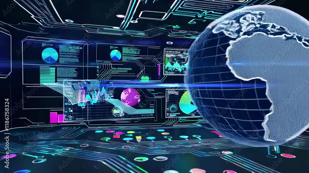 Poster exploring a futuristic digital control room with interactive data visualizations and advanced techno