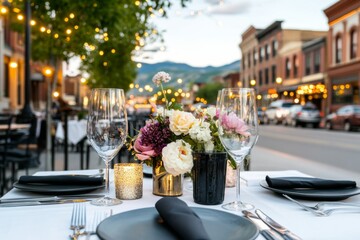 A bustling dining scene in downtown Ogden, with charming historic buildings and lively crowds