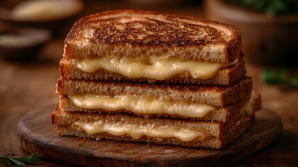 Close-up of a Stack of Gooey Grilled Cheese Sandwiches on Wooden Board