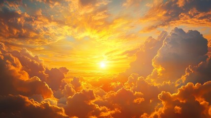 Fototapeta premium Majestic sunrise illuminating fluffy clouds with vibrant rays of light, creating a breathtaking scene of natural beauty as the day begins, showcasing the splendor of fluffy clouds and light.