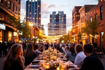 A bustling street in Austin, Texas, during a live music event, with musicians performing and people enjoying the festival vibe
