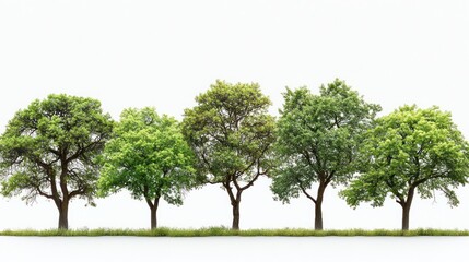 Five green trees isolated on white background.