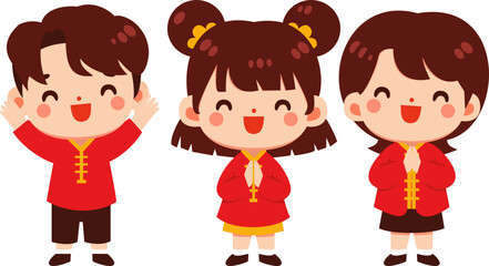 Joyful Children in Traditional Chinese Attire Celebrating Lunar New Year Festivities