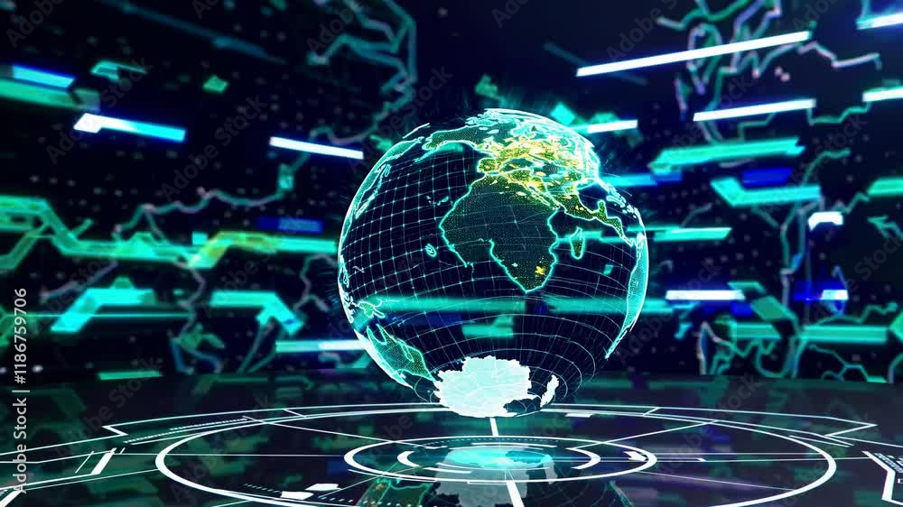 Poster digital globe visualization with vibrant graphics showcasing geographical data across continents