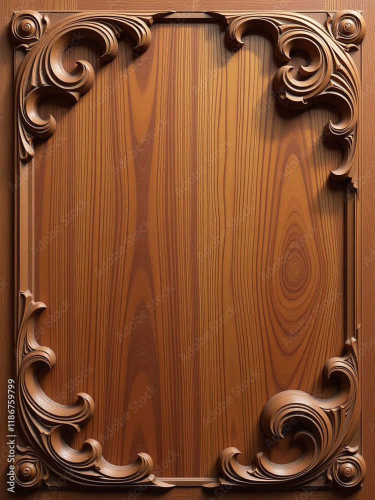 Poster Background Features A Warm, Richly Textured Wood Grain Pattern Adorned With Intricately Carved Wave Motifs. 00002