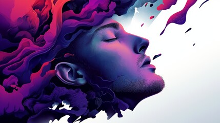 Man with closed eyes, surrounded by vibrant, abstract, flowing shapes.