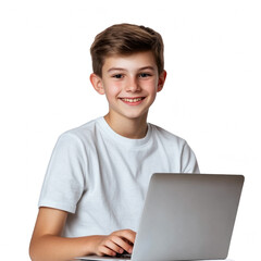 Smiling Boy Working on Laptop at Home