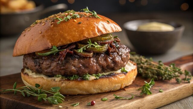 A juicy beef burger topped with aromatic herbs and served on a crusty bun, crusty buns, appetizing burgers, aromatic herbs, juicy beeh burgers, savory toppings
