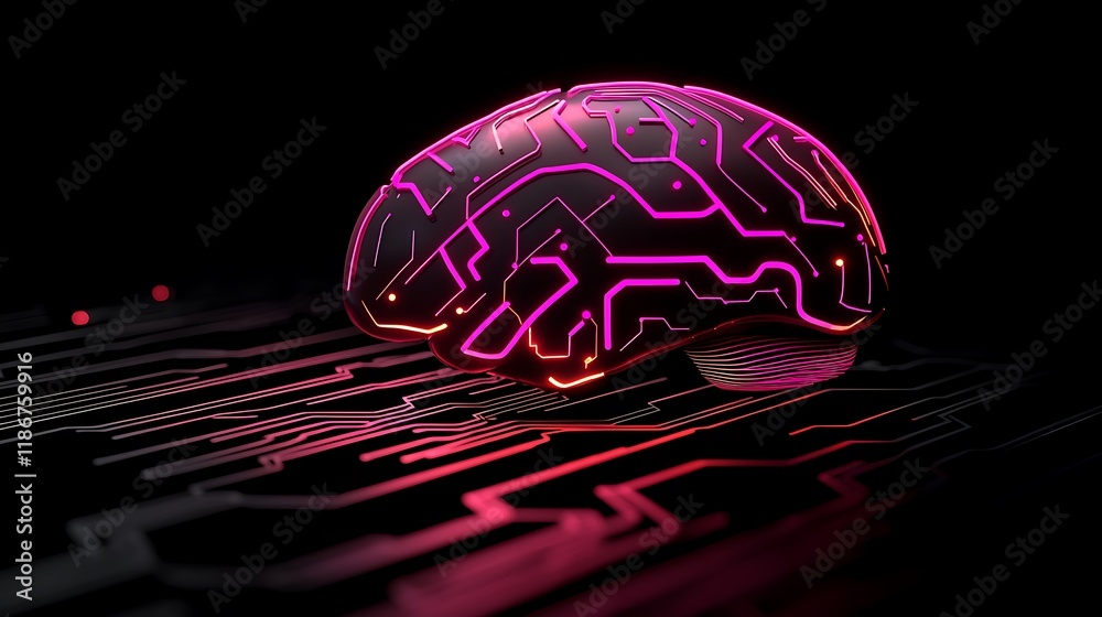 Poster abstract representation of a digital brain with neon circuitry and futuristic design highlighted by 