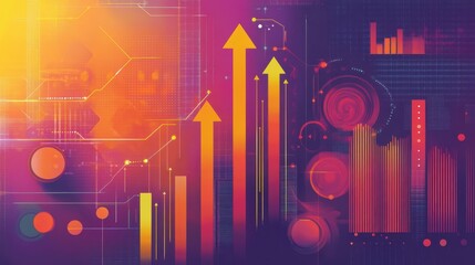 Fototapeta premium Abstract illustration with upward arrow indicating growth and success of business with abstract data and graph charts in the background. illustration