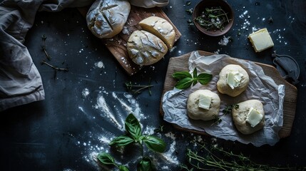 Fototapeta premium Overhead shot of freshly baked bread rolls with butter, herbs, and flour on a dark surface.