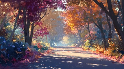 Scenic Autumn Road with Colorful Foliage in Soft Light