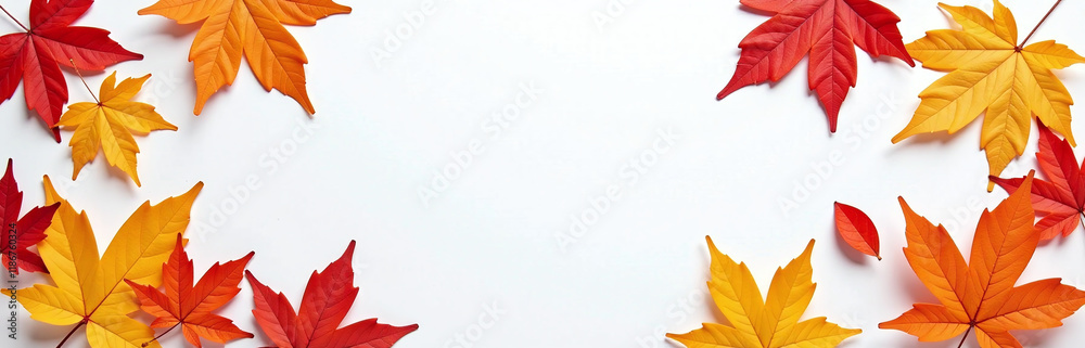 Poster Autumn Leaves In Various Colors Are Arranged In A Border Pattern Against A Clean White Background To Create A Visually Appealing Image. 00001