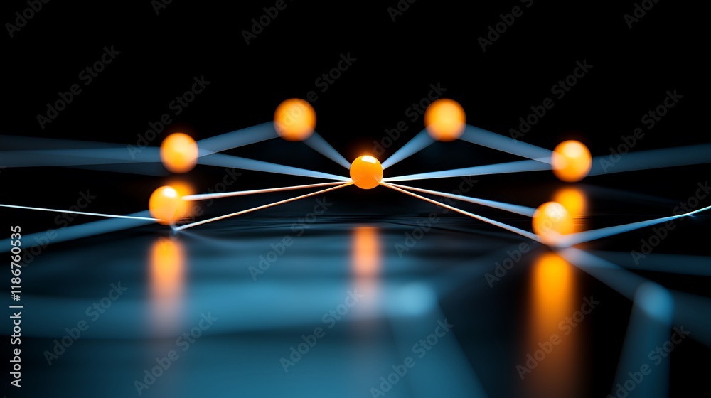 Poster abstract representation of a digital network with orange nodes and connecting lines against a dark b