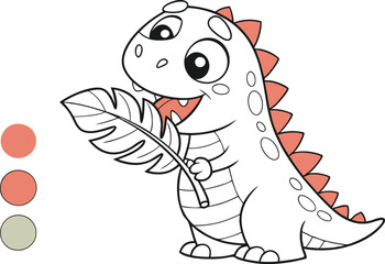 Adorable Cartoon Dinosaur Coloring Page with Leaf and Colors