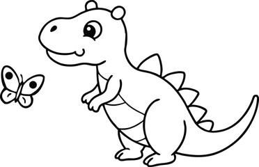 Adorable Cartoon Dinosaur and Butterfly Coloring Page Illustration © Chaya