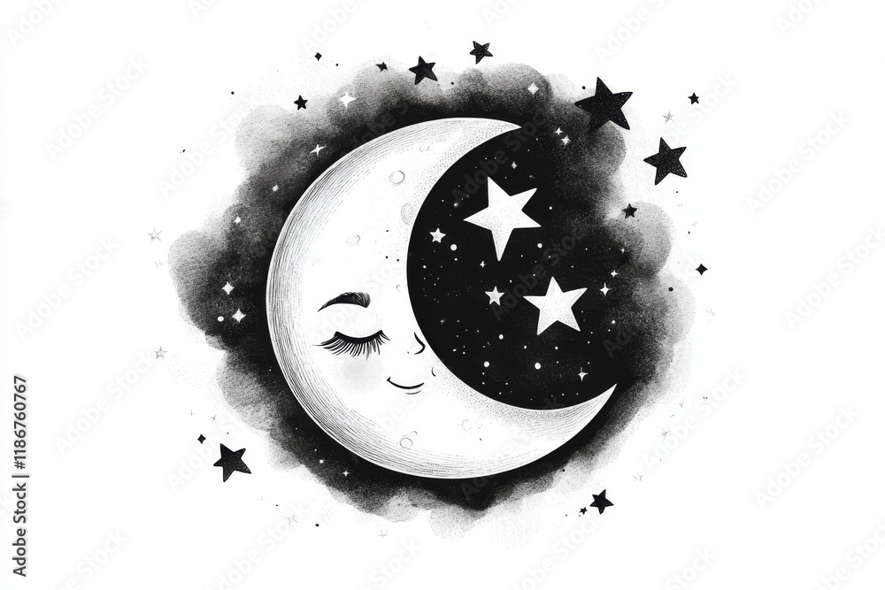 Poster a clean line art illustration of a crescent moon with simple stars scattered around it, drawn in bla