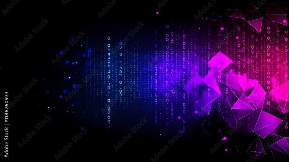 Poster abstract representation of a digital world featuring colorful binary code, geometric shapes, and a v