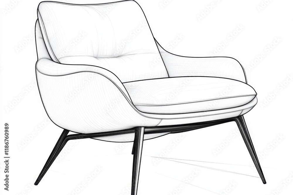 Poster a clean line art of a modern chair with simple upholstery, drawn in soft black lines on a white back