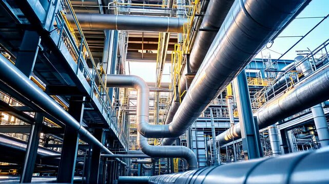 A detailed view of extensive gas piping systems and factory structures in a contemporary industrial facility during daylight. The setting showcases the complexity of industrial design and operation.