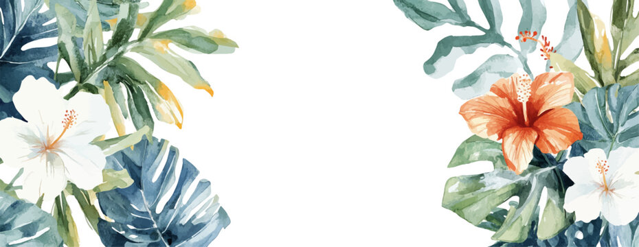 Vector watercolor hibiscus flowers and palm leaves, spring and summer poster background, summer travel web banner, turtleback bamboo, palm day, tropical leaves, flowers, copy space，Valentine's Day