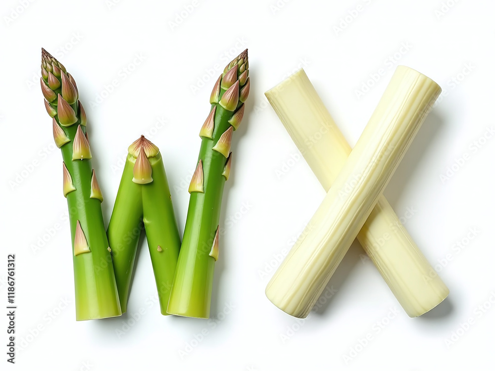 Poster asparagus and garlic letter forms isolated on a white background resemble letters w and x in vegetab