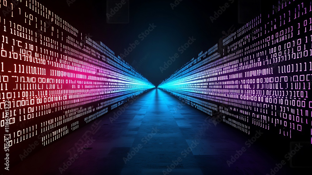 Poster abstract representation of a futuristic city with vibrant binary elements and dynamic light effects 