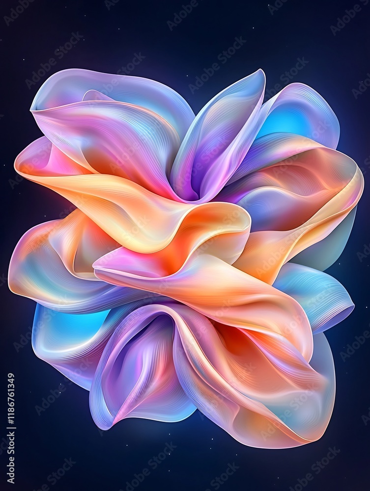Poster mesmerizing fluid abstract pattern featuring a dynamic kaleidoscopic arrangement of iridescent curve