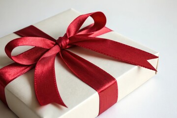 A gift box with a red satin ribbon tied around it, decorative ribbon, luxury gift