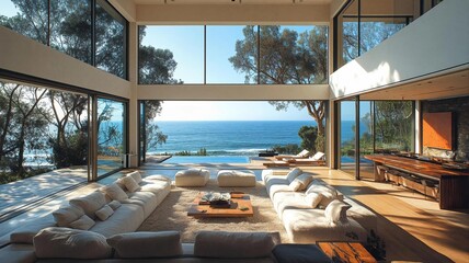 Luxury Modern Glass Living Room with Panoramic Pacific Ocean Views