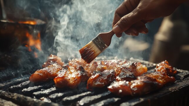 cooking, culinary and food concept - close up of hand with brush smearing marinade sauce on barbecue meat roasting on brazier grill outdoors - Powered by Adobe