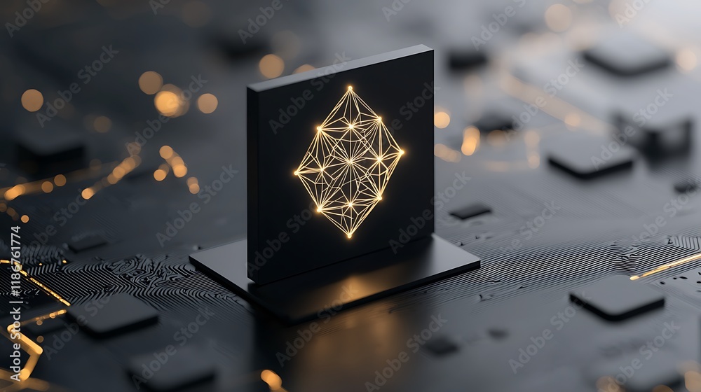 Poster abstract representation of a silicon chip with geometric lines and glowing nodes on a dark circuit b