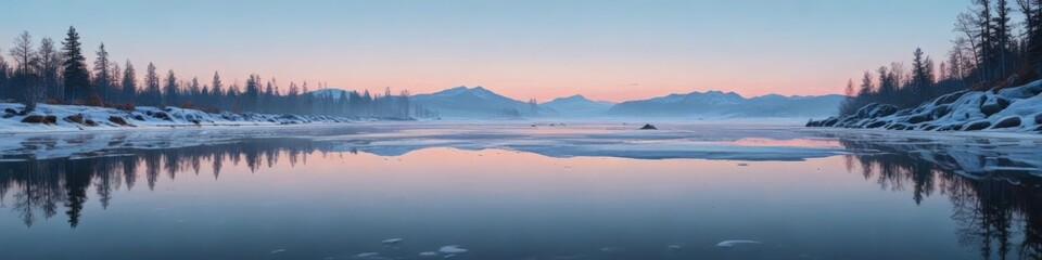 A frozen lake reflects the pale blue sky above, calm water, reflective surface
