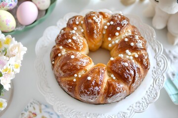 Close-up of braided Easter bread with sugar pearls, pastel eggs, and d&eacute;cor