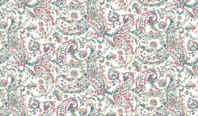 Floral seamless pattern with paisley ornament. Vector illustration in asian textile style
