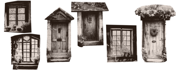 Scan Magazine, newspaper clipping, Vintage elements. illustration of grunge dadaism texture icons for psychedelic. doors, windows, house, windowsill, entrance.
